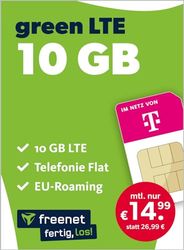 freenet Green LTE 10 GB – Contrato de telefonía móvil en Red de telecomunicaciones con Internet Flat, Flat Telefonía y SMS y itinerancia de la UE – En Todas Las Redes alemanas – 24 Meses de duración