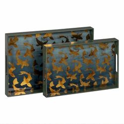 BigBuy Home Plateau à collations Bleu doré PVC Cristal Poissons 45 x 31 x 4,2 cm (2 unités)