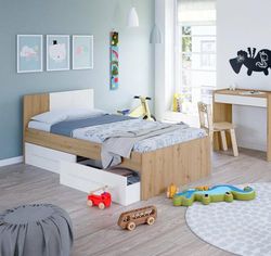 Dmora - Lit Enfant Anaheim, Lit Coffre Simple Avec Tête de Lit et 2 tiroirs, Chêne Noué et Blanc - 196x97H77 cm