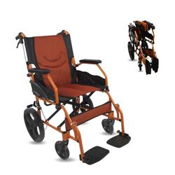 Rolstoel | Opvouwbaar | Aluminium | Rem op hendels | Voetsteun | Armleuningen | Oranje | Model: Piramide | Mobiclinic