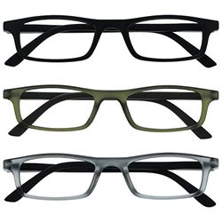 OPULIZE Ted Gafas de Lectura Pack de 3 Estrechas y Ligeras Negro Mate, Khaki Transparente Mate, Gris Transparente Mate Bisagras con Muelle Resistentes a los Arañazos Hombre Mujer RRR17-167 +2.00