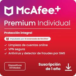 McAfee+ Premium Individual para dispositivos ilimitados 2025, 12 meses, VPN segura, el software de ciberseguridad incluye antivirus, gestor de contraseñas, supervisión de identidad, Descarga digital
