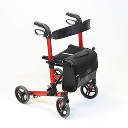 NRS Healthcare Compact Easy Lightweight Folding 4 Wheeled Rollator Walking Aid with Seat, Backrest and Removable Bag, Red