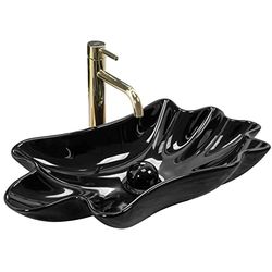 Rea Lavabo da Appoggio Sea Infinity Nero + Scarico Click-Clack Lavandino bagno 620 x 330 x 115 mm Ceramica (Nero)