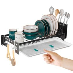 junyuan Väggmonterat disktorkställ, hängande diskställ för kök diskställ med dräneringsbricka skålar tallrikar kaffekoppar vinglas redskapshållare liten kompakt svart