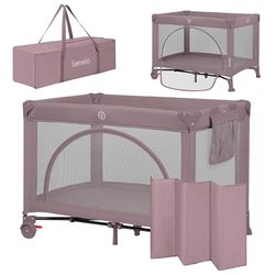 lionelo Laura 2en1 Lit de Voyage jusqu'à 15 kg Parc bébé de 0 à 36 Mois Entrée latérale Matelas en Mousse T25, 2 Niveaux Hauteur, Sac de Voyage, Roues avec Frein (Beige Sand) (Pink)