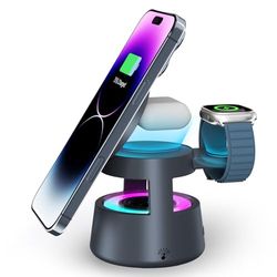 NEUTYPECHIC 5 en 1 Chargeur Induction pour iPhone, 20W Chargeur sans Fil Rapide avec Lampe de Nuit, Wireless Charger avec Haut Parleur Bluetooth, pour iPhone 16 15 14 /Apple iWatch/AirPods
