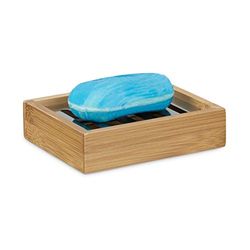 Relaxdays Bamboo Rectangular Soap Dish, Stainless Steel Drip Tray, Hygienic, Size: 3 x 12.5 x 10 cm, Natural, Brown, 10 x 12.5 x 3 cm