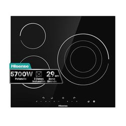 Hisense E6322C - Placa Vitrocerámica, 3 zonas, 1 con Foco Gigante 30 cm, Triple Corona, Encimera de 60 cm, Bloqueo Infantil, Resistente a los Arañazos, Terminación biselada