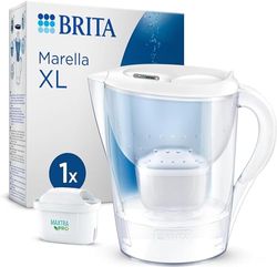 BRITA Jarra con filtro de agua Marella XL blanca (3,5 l) incl. 1x cartucho MAXTRA PRO All-in-1: jarra de gran volumen con memo digital y tapa abatible que reduce el cloro, la cal y las impurezas