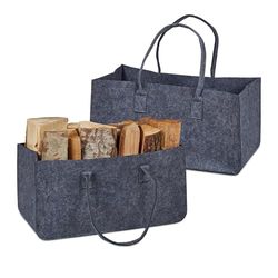Relaxdays Set of 2 Firewood Bags, Felt, 28 l Vol, Foldable Storage Basket, Logs and Other Items, 25x50x25cm, Dark Grey