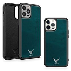 GAZZI Ultimo - Custodia per Apple iPhone 13 Pro Max, in vera pelle, protezione completa, flessibile (nabuk petrolio argento)