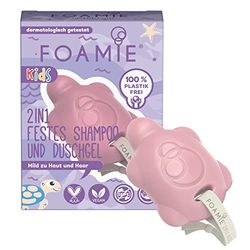 Foamie Champú y gel de ducha 2 en 1 para niños, champú para niñas con aceite de almendras orgánico y melocotón para un mejor peinado, suave para la piel y el cabello, 100% vegano, sin plástico, 80 g