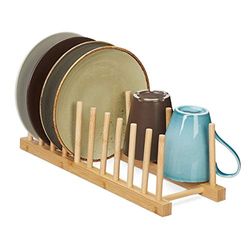Relaxdays Plate Rack, for 10 Dishes, Pan Lid & Chopping Board Holder, Dish Drainer Stand for the Sink, Bamboo, Natural