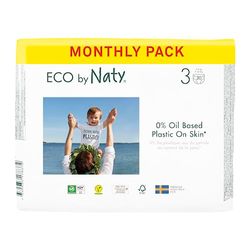 ECO by Naty Couches Ecologiques pour Bébé - Couches écologiques à base de plantes, parfaites pour la peau sensible de bébé et qui empêchent les fuites (Taille 3 - 180 couches) - Pack 1 mois