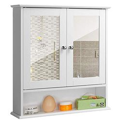 BAKAJI Mobiletto Specchiera Bagno Armadietto a Muro 3 Ripiani in Legno MDF Doppia Anta a Specchio con Apertura Centrale Dimensione 56 x 13 x 58 cm (Bianco Specchio)