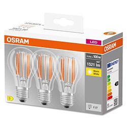 OSRAM lampe LED, Culot: E27, Blanc chaud, 2700 K, 11 W, remplacement pour 100 W Incandescent bulb, clair, LED BASE CLASSIC A, Paquet de 3