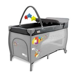 Asalvo Berço de viagem 4 em 1 para bebé com altura dupla, arco de jogos, dobrável compacto, base acolchoada e bolsa de transporte Mix Plus Zeppelin cinzento