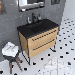 AURLANE Meuble de Salle de Bain 80x50cm chêne Brun - 2 tiroirs chêne Brun- Vasque résine Noire Effet Pierre