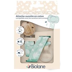 BIOLANE - Attache tétine bébé - Pour tétine sans anneau - Tissu 100% coton - Vert Menthe - Fixation Silicone - Clip en bois et métal - Double Sécurité & Anti-glisse