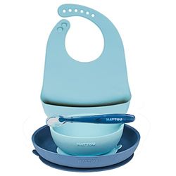 Nattou Vajilla de silicona para niños, 4 piezas, 1 cuchara, 1 plato, 1 bol, 1 babero con bandeja recogegotas, Sin BPA, Silicona, Azul