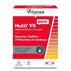Vitavea - Multi'Vit BOOST - Complément Alimentaire Energie - Stimulant, Effet coup de fouet - Caféine, Guarana, Vitamine C et D, Magnésium, Zinc - 30 gélules - Cure 1 mois - Fabriqué en France