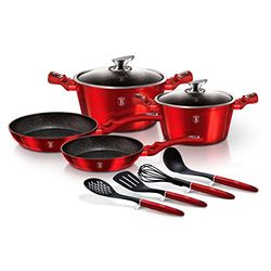 Berlinger Haus Burgundy Batterie de Cuisine à Induction 10 Pièces Antiadhésive Marbre sans PFOA, Aluminium, 2 Casseroles 2 Couvercles 2 Poêles à Frire 4 Ustensiles, Design Metallic Line Rouge BH-6141