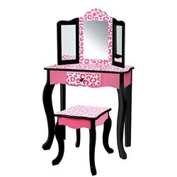 Teamson Kids Houten Kaptafel Kinderen - Tafel en Stoel Set - Luipaard Print - Roze/Zwart