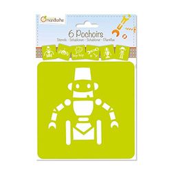 Avenue Mandarine 42841O Set (met 6 sjablonen, 15 x 15 cm, geschikt voor kinderen vanaf 3 jaar, voor vilt- en kleurpotloden, kleuren of verfbommen, robots) 6-pack transparant