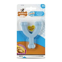 Nylabone, Jouet à mâcher en os pour Chiot, Os à mâcher pour Les Chiots Qui Font Leurs Dents, Forme en Wishbone, Saveur de Poulet, pour Les Chiots de très Petite Taille jusqu'à 7 kg, Bleu
