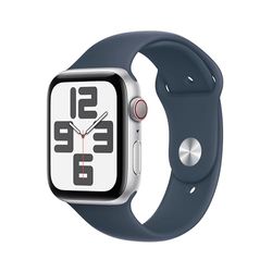 Apple Watch SE (2e generatie, 2023) (GPS + Cellular 44 mm) Smartwatch - Kast van zilverkleurig aluminium - Stormblauw sportbandje M/L. Conditie en slaap bijhouden, ongelukdetectie, hartritme monitoren