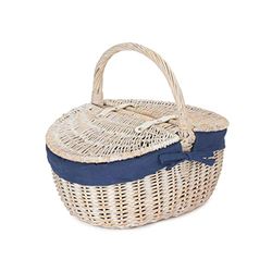 Red Hamper EH066N Blue Lining White Wash Finish Oval Wicker Picnic Basket