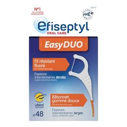 Efiseptyl - Porte-fil Dentaire EasyDuo - Fil Résistant Fluoré - Bâtonnet Gomme Douce - x48