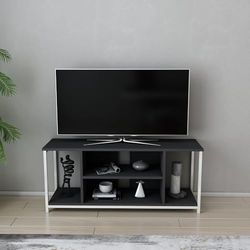 Hanah Home Stijlvolle tv-standaard, 120 cm, wit en antraciet, 100% melamine gecoat verdeelbord, 18 mm dik, metalen frame, modern design voor woonkamer en entertainment