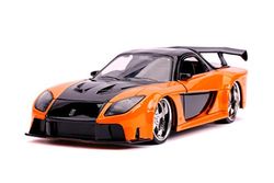 Jada Toys 253203058 Fast & Furious Han's Mazda RX-7, bil, trimningsmodell i skala 1:24, med spoiler, öppningsbara dörrar, motorhuv och bagageutrymme, frihjul, orange