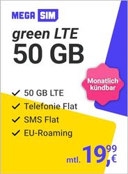 Mega SIM Green LTE 50 GB – mobiele telefooncontract in het telefonica-netwerk met internet flat, flat telefonie en EU-roaming – maandelijks opzegbaar