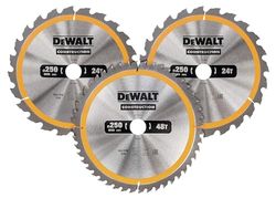 DEWALT DT1963-QZ Conjunto de 3 serras circulares estacionárias de 250 mm, orifício de eixo de 30 mm, 2 discos de 24 e 1 disco de 48 dentes, máximo RPM 5500, ferramentas resistentes a pregos e