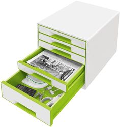 Leitz CUBE drawer box with 5 drawers, white/green, A4, incl. transparent drawer insert, WOW, 52142054