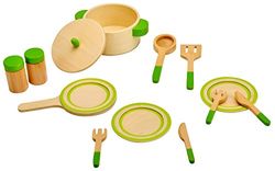 Idena 4100075 - Ensemble de vaisselle pour petits maîtres de cuisine en bois avec de nombreux accessoires, pour jouer à la cuisine et au magasin, dès 3 ans, 13 pièces