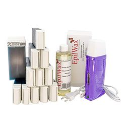 EpilWax - Kit Chauffe Cire Épilation Professionnelle avec 12 x Recharges Roll on Cire à l’Azulène, 100 x Bandes d'Épilation et Huile après Épilation - Gamme Royal