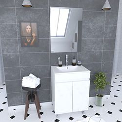 AURLANE Ensemble Meuble de Salle de Bain 60x45x81-meuble MDF-Melamine Brillant Blanc-Vasque ceramique+Miroir