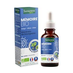 Santarome Bio - Mémoire Bio - Macérat de bourgeons - Complément Alimentaire Mémoire et Concentration - Gémmothérapie - Ginkgo, Olivier, Chêne | Flacon Pipette 30 ml | France