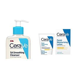 CeraVe SA Smoothing Face and Body Cleanser for Dry, Rough and Bumpy Skin 236ml with Salicylic Acid & AM Facial Moisturising Lotion SPF50 with Ceramides & Vitamin E for Normal to Dry Skin 52ml