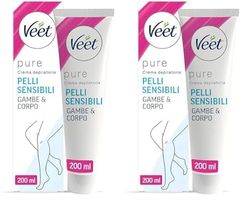 Veet Pure Crema Depilatoria Gambe, Braccia, Ascelle e Zona Bikini per Pelli Sensibili, Dermatologicamente Testata, 200 ml (Confezione da 2)