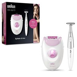 Braun Silk-épil 3 Depilatore Donna, Epilatore Elettrico Donna Rimozione Dei Peli Duratura, Rasoio Donna Sistema Con 20 Pinzette, Luce Smartlight, Rifinitore Bikini Styler, 3-321 Bianco e Rosa