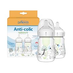 Dr. Brown's Natural Flow® Anti-Colic Options+™ babyfles met brede hals, designer-editie, jungle-decoraties, 150 ml, niveau 1 tepel, verpakking van 2, 0 m +