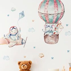 Väggklistermärken för barn - dekoration av barnkammaren - Väggklistermärke för väggballong och djurpiloter - H90 x L60 cm