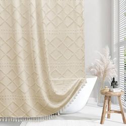 Siiluminisoy - Tenda da doccia bohémien in tessuto color panna/beige intrecciato, 183 x 183 cm, a zigzag e righe, trapuntata, lavorazione in rilievo, moderna, minimalista, tenda da doccia per il bagno