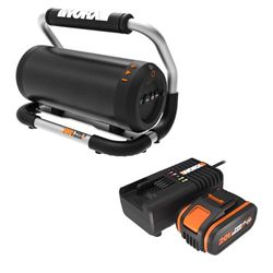 WORX Enceinte Bluetooth de Chantier sans Fil 20V WX009.9 + kit Batterie 4Ah et Chargeur Rapide, Son Acoustique Max 80 W, Alimentations CA et CC, Connexion Bluetooth 4.2 et AUX in, Port USB