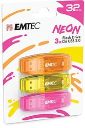 EMTEC C410 USB 2.0 Flash Drive 32 GB Read 5 Mb/S Write 15 Mb/S Compatible with USB 2.0 USB 3.0 Transparent Fluorescent Neon with Cap Pack of 3